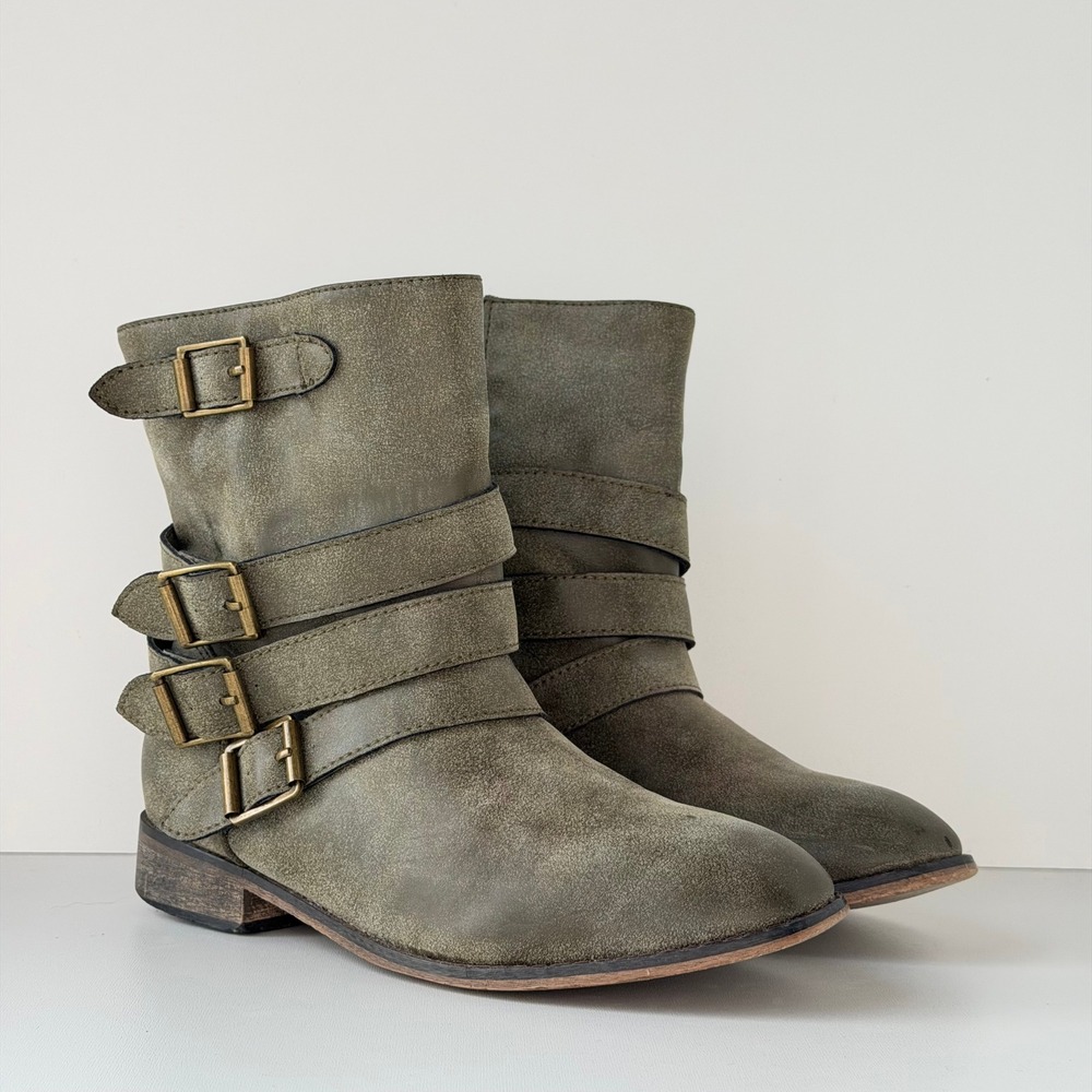 Breckelles Out-21 Ankle Boots Womens 7 Olive Green Moto Buckle Straps Side Zip